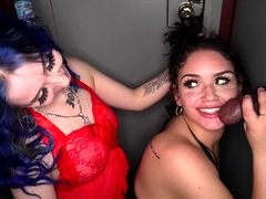 Wild gloryhole interracial sex party with two horny sluts