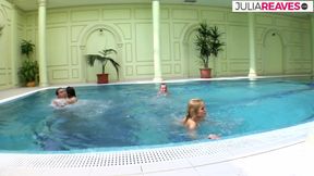 Bitches swipe cum in their mouths after riding two monster cocks together