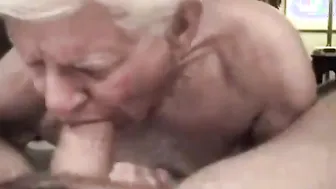 Gray-haired grandpa sucks huge cock and takes bareback anal