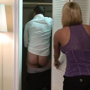 Blonde wife humiliates her husband when another man fucks her in front of him