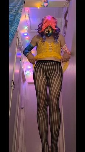 Posing in My Sexy Yellow Suit and Stripe Pantyhose