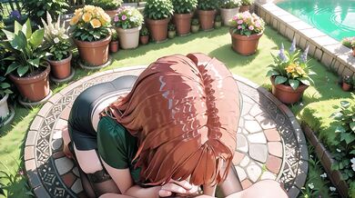 Redhead in shiny green skirt and black stockings gets creampied on garden grass