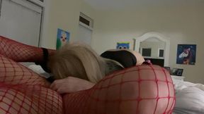 MILF Stepmom Strap on Uses Her Crossdresser Step Daughter for Oral Pleasure Then Rides the Transgenders Little Cock Clitty