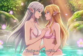 Two beautiful lesbian elves share an intimate night in a magical hot springs