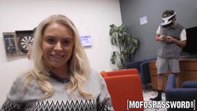 Blonde Krissy Knight deepthroats and rides her roommate's big dick in their dorm