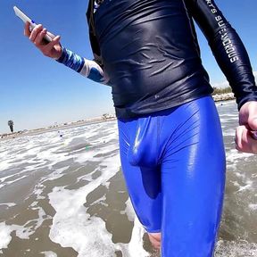 Men and women on the beach get horny seeing my cock in wet spandex