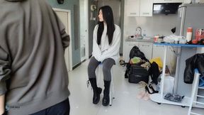 Girl in black boots is gagged and tied to a chair(Chinese model JiuNian)