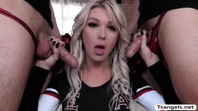 Transbabe Aubrey Kates threesome with two hard cocks