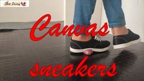Black canvas sneakers: shoejob, cock trampling, testicle trampling