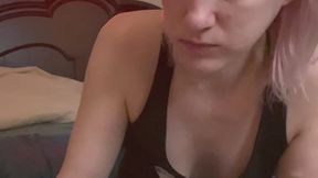 Mukbang skinny milf scarfs face with a plate of French toast
