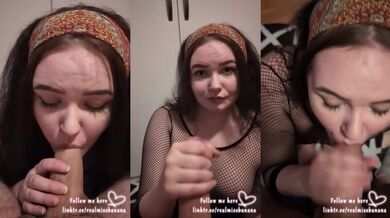 Brunette girlfriend covered in cum after deep throat blowjob