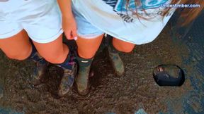MudFest 1: Crushing The Cum From Your Cock & Balls Under Our Muddy Hunter Boots - 197 Sky Cam - Goddess Amber - Miss Lucy - Trampling CBT Bootjob