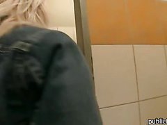 Slutty blonde amateur takes money and railed in a toilet