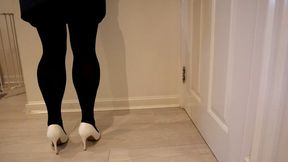 Heel Tapping and calf flexing in White Stilettos And Black Tights