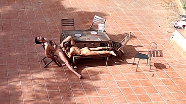 Couple Playing and Fucking in the Courtyard, outside