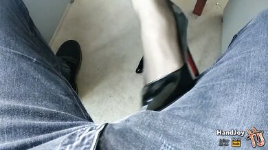 Secretary teases boss with footjob under the table