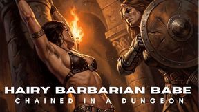 Muscled barbarian woman with hairy armpits is racked and interrogated in bondage