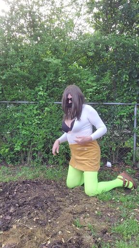 Stunning moment from &quot;Gay crossdress tease, outdoors ground humping in pantyhose, black bra, miniskirt.&quot;