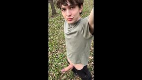 sexy twink plays risky with his huge veiny cock in the woods
