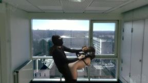 Pregnant amateur MILF in straitjacket fucked in public office building before work | Lily Corinth