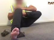 CUM HOME FROM WORK - IN A RUSH TO RELEASE - CUM FEET SOCKS SERIES - MANLYFOOT 💦 🧦