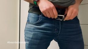 Step daddy bear taking piss in jeans and shows off butt