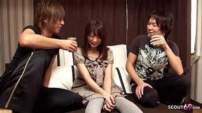 Skinny Japanese Mom seduce to Threesome MMF Sex with two Virgin Guys
