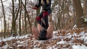 CowGirl Slavena Boot Worship Trampling Whipping humiliation on snow freezing winter