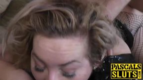British submissive Hannah Blake deepthroats cock in black lingerie