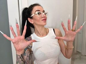 Finger snapping and sucking fingers with long nails, white glasses and face