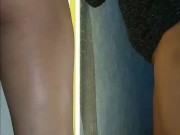 Sissy in chastity fucks her ass with red dildo in front of the mirror.