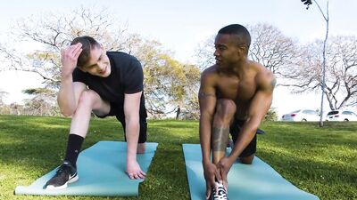 Hung white dude mounts a black guy on his monster cock after yoga practice