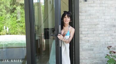 Goth French babe gets her bikini ripped off by hung pool boy POV