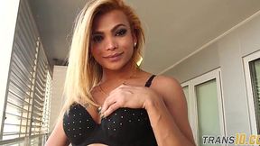 Inked Shemale Babe Jerks Her Rock-Hard Cock