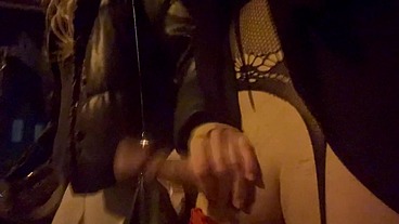 GIRLFRIEND MASTURBATES CROSSDRESSER IN THE STREET PUBLIC EXHIBITIONIST