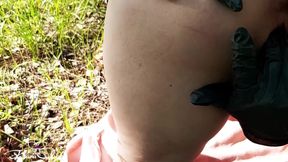 Masked babe fingering pussy in gloves and orgasm outdoor in the forest