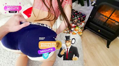 POV: New Year's Eve doggy style by the Christmas tree – my stepsister got a hard cock and cum all over her flat tummy!