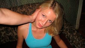 Slender blonde model Sabrina fucked from behind on the sofa