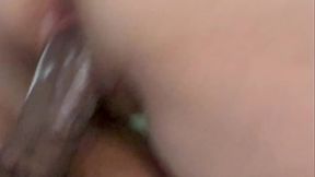 Blonde BBBW rides big black cock in living room, mid-creampie