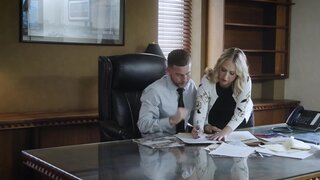 Blonde secretary is fucked in face and pussy by a horny boss