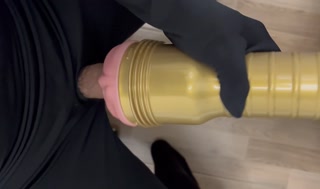 Horny man fucking with dick flashlight toy