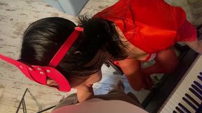 piano lesson 2 – red lingerie, deep oral & wild doggy in front of my husband