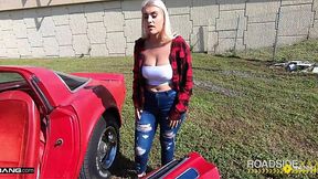 Curvy blonde babe gets roadside assistance and some big cock action