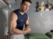 My roommate surprises me flexing, I allow him to give me a muscle massage