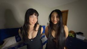 Sissy caught masturbating by two mean Asian girls