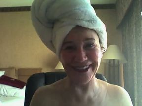 Enormous juggs of an old lady on webcam straight out of shower