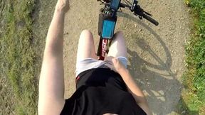Naked and horny in public POV - Riding nude in nature, shaved body, masturbation until cumshot