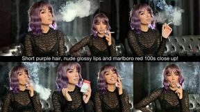 Short purple hair, nude glossy lips and marlboro red 100s close up!