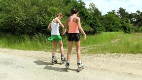 rollerskating teens take a break to lick each others pussy and dildo fuck