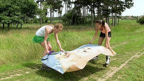 rollerskating teens take a break to lick each others pussy and dildo fuck